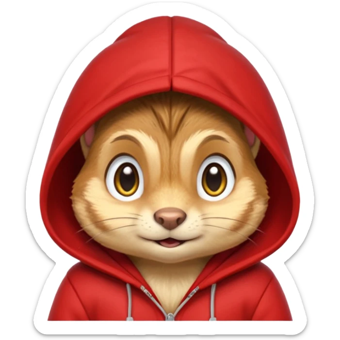 Portrait of a cute cartoon chipmunk with light brown and beige fur, wearing a red hoodie no zip with a yellow 'A' on it, big round eyes, small nose, and a mischievous grin, front-facing, stylized in animated movie style sticker