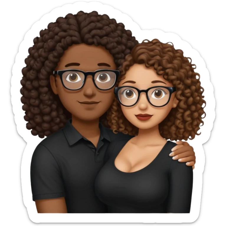 A mixed girl with rectangle glasses, the girl is wearing a black shirt, the girl has brown curly hair  and the girl has big boobs. A Mexican man is embracing her, with black bald hair  sticker