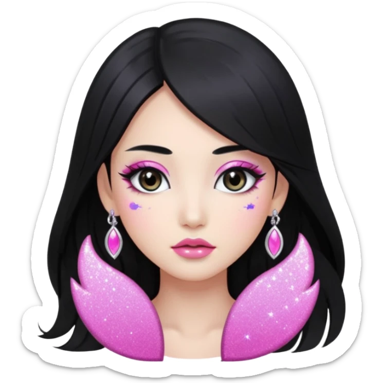 asian long black hair silver grey eyes glossy lips glittery white and pink eyeshadow girl sticker