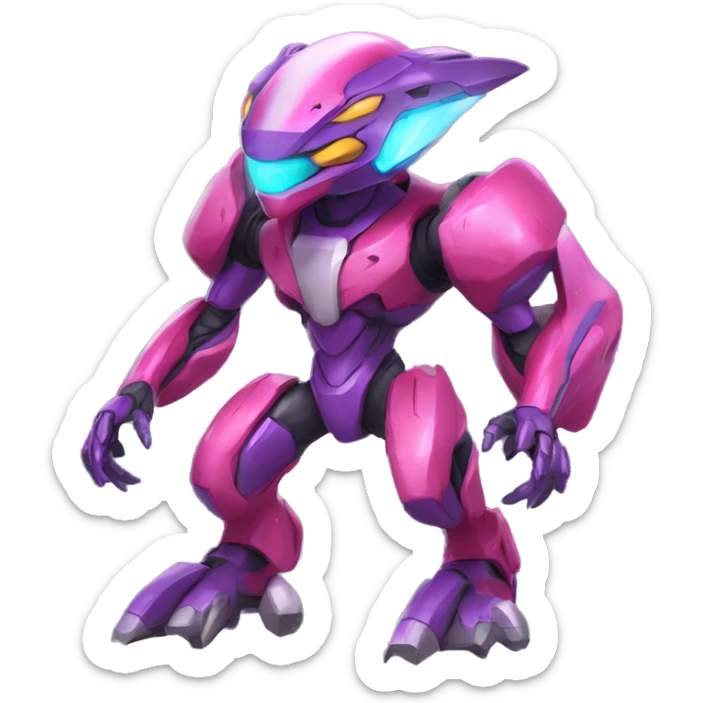 a shiny colorful Genesect-Raptor-Fakémon—hybrid with a futuristic visor-helmet full body sticker