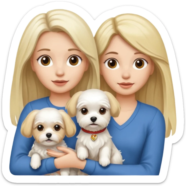 two women are holding one Maltese dog. one woman is brunette the other woman is blonde long haired  sticker