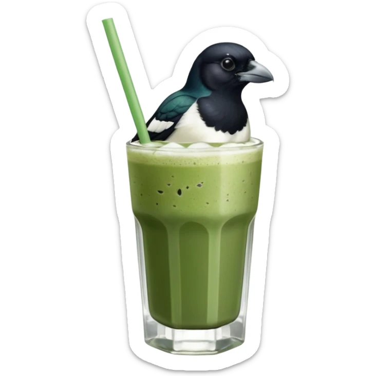 It’s an Australien Magpie sitting on an iced matcha latte on the edge of the glass. It has green matcha on its beak indicating it drank. The iced matxha latte is in a see through glass and white from the oat milk on the bottom and green on top…and there is a straw in the drink and ice cubes sticker