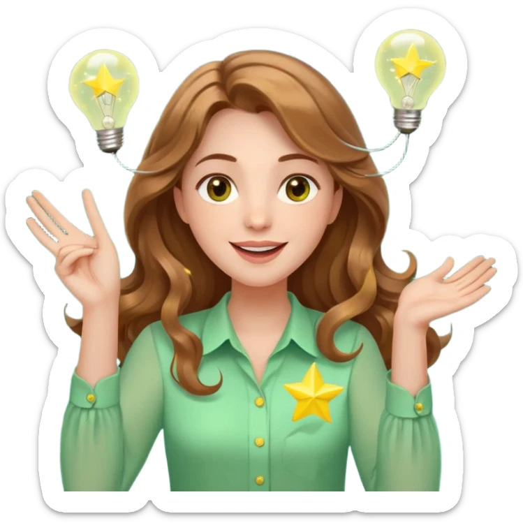Joyful and imaginative woman with fair skin, long wavy light brown hair, hazel eyes, wearing a light green blouse with yellow accents, holding a glowing lightbulb and gesturing outward. Surrounded by stars, sparkles, speech bubbles, a paper plane, and a small heart. Waist-up, front-facing sticker