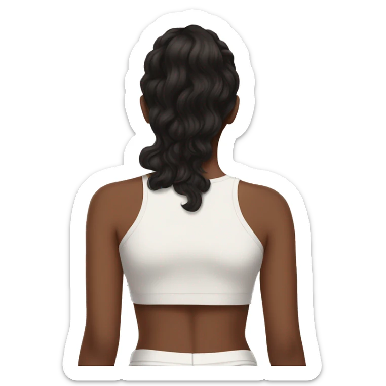 back side of a brown women, with black hair, a white crop top, wavy long hair sticker