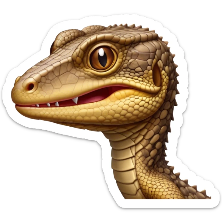 Cinematic Comical brown camo spotted monitor Lizard Portrait Emoji, Head tilted dramatically with an exaggeratedly shocked expression, featuring a robust, patterned body with wide, comically expressive eyes full of humorous disbelief, Simplified yet hilariously expressive features, highly detailed, glowing with a slightly sassy glow, high shine, dramatic yet playful, stylized with an air of quirky reptilian attitude, soft glowing outline, capturing the essence of a meme-worthy brown camo spotted monitor lizard that looks ready to side-eye its way into viral fame! sticker