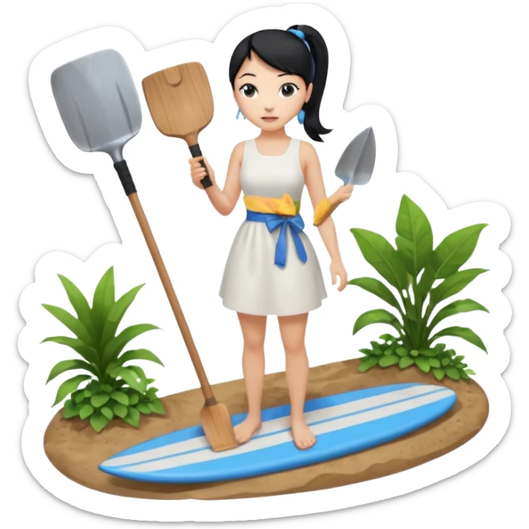 Princess who wearing white dress (woman) black ponytail hair holding her cellphone and  one garden shovel with another hand. She is standing on her feet, there is one blue surfing board under her feet. She is looking at her phone sticker