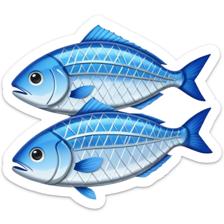 Fish dishes avatar in bright emoji-style illustration. Grilled fish, fillets, and seafood, blue and silver tones, simple shapes, flat design, fresh and flavorful. sticker