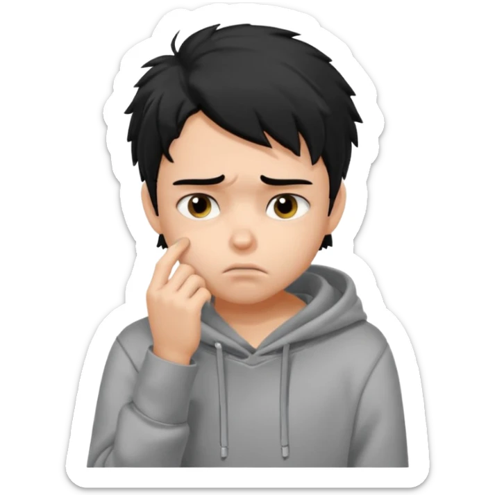 generate a pretty bratz fair skinned boy with messy black hair in a grey hoodie looking sad and bored with hand on chin sticker