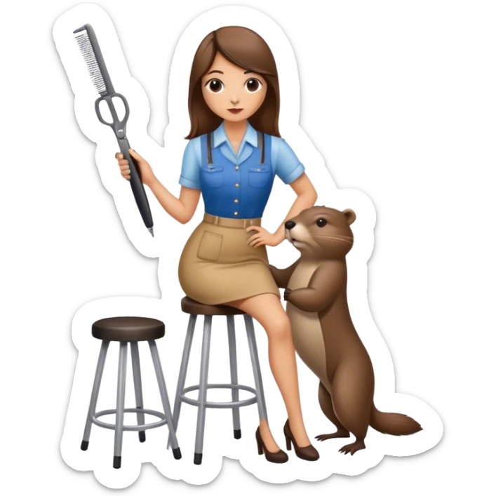 Woman standing by bar stool with beaver sitting on top holding a pair of hair clippers sticker