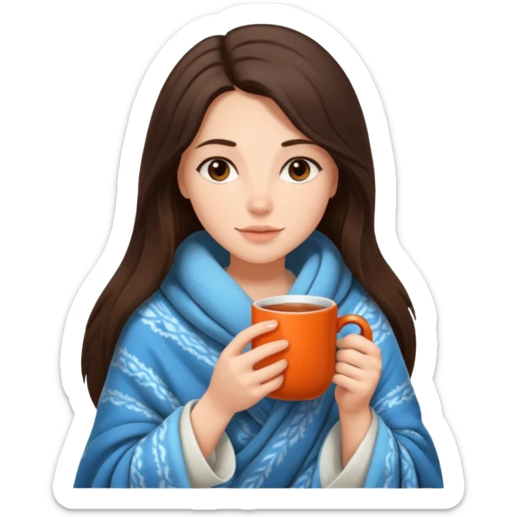 brunnette girl with long hair snuggled up in a blanket and holding a hot tea in her hands sticker