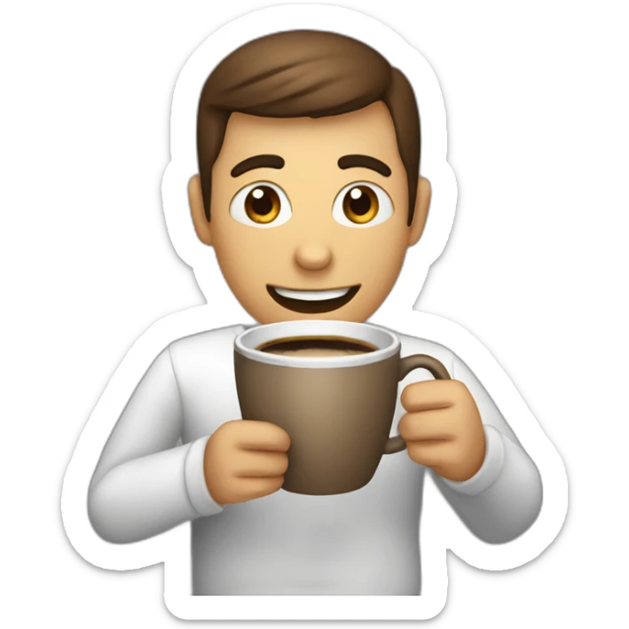 person with face visible nervous smile  and eyes wide open holding a cup of coffee sticker