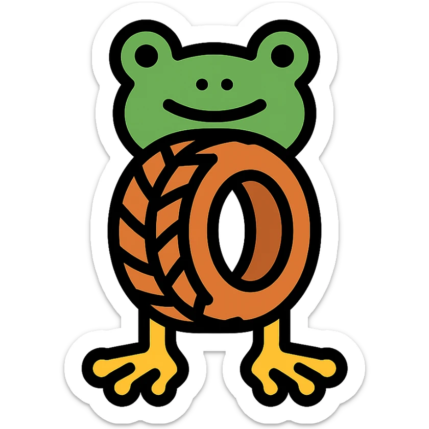 icon of a tire with a pair of legs and a frog's head, clean and simple design sticker
