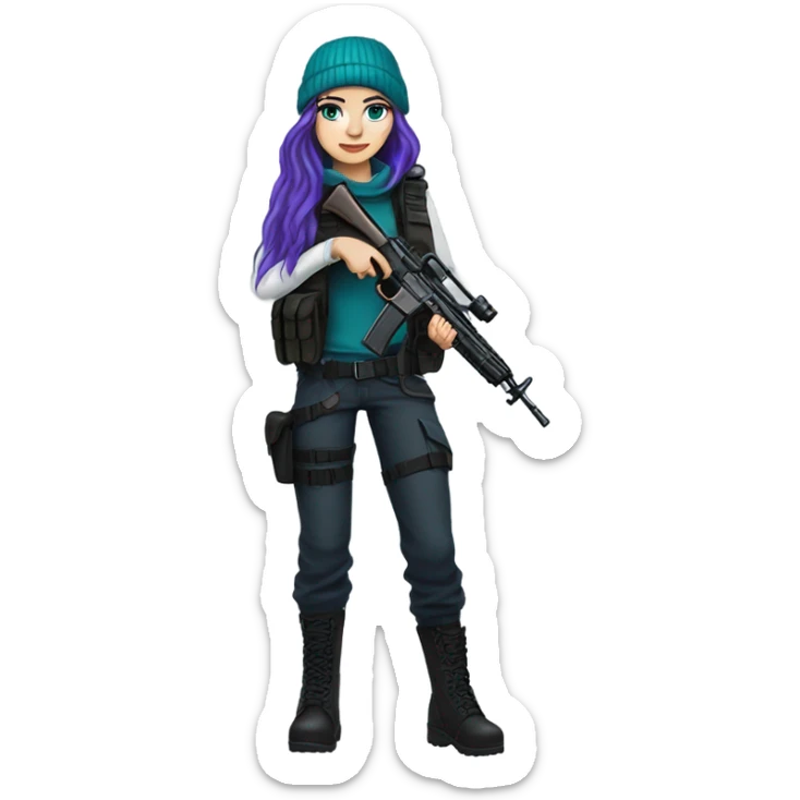 Girl, white skin, tactical vest, dark pants, long teal hair, blue eyes, purple beanie, gun, black combat boots sticker