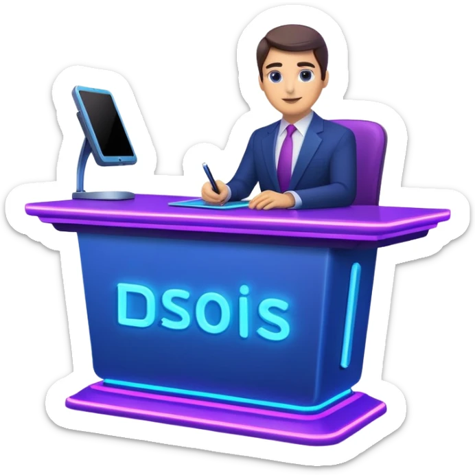 news anchor desk with neon glow effect, blue neon glow on top left, purple neon glow on bottom right sticker