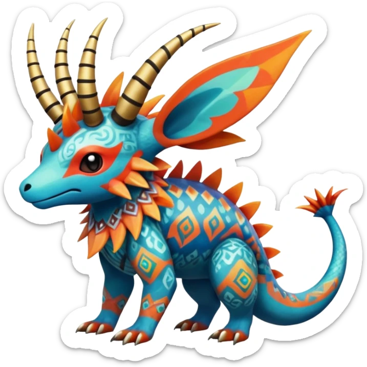 Colorful Exotic Pokémon-Fakémon-hybrid-creature (full body) with tribal intricate splash-markings and patterns and furs and scales and spikes and fins and horns  sticker