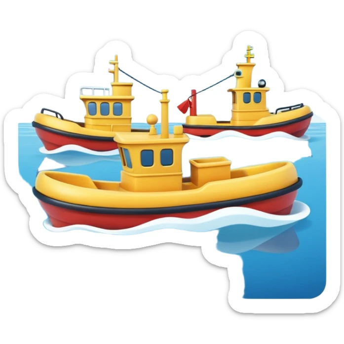 A 3D cartoon tugboat towing another boat on calm blue water, soft waves, clear sky, Memoji-style. sticker