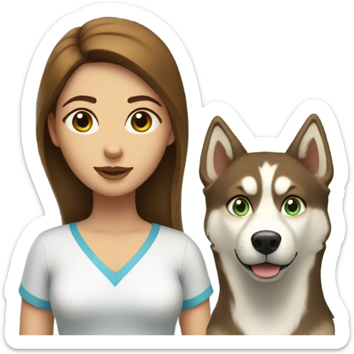 Brown hair  woman with blue eyes with a golden Husky with green eyes sticker