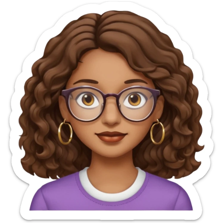 Women brown eye and brown mi-long wave hair with glasses and circle earing sticker