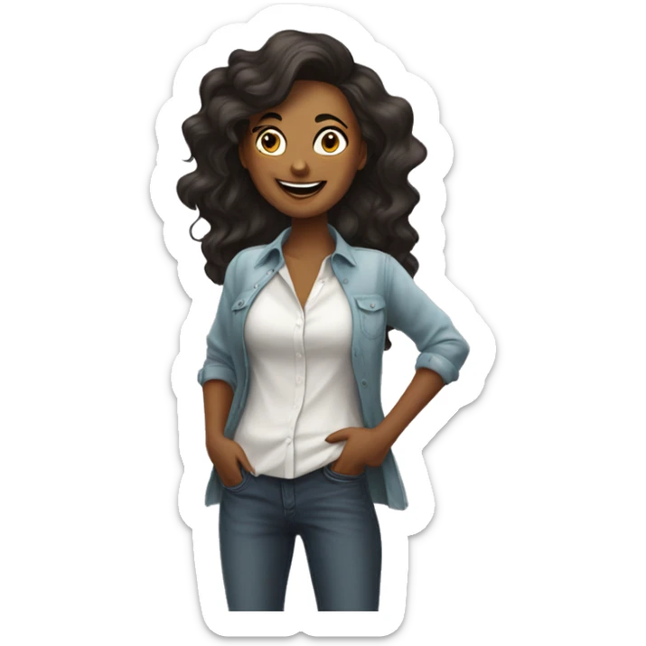 Happy vixen stands in a shirt, and uses her favourite app in the phone. She holds her phone and stares in it. sticker