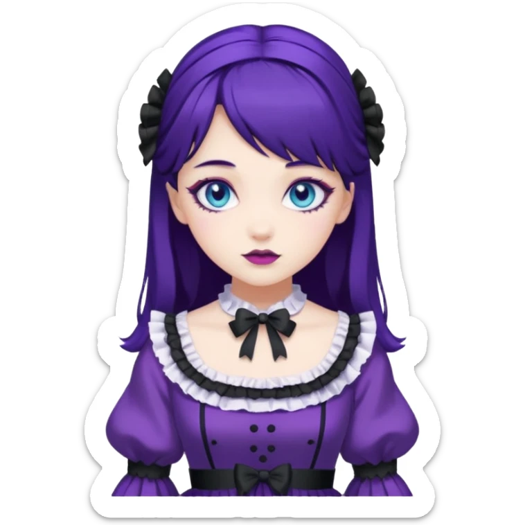 sweet lolita with dark purple hair, blue eyes, white skin, wearing a deep purple dress sticker