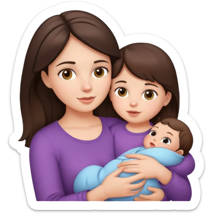 brunette girl holding brunette baby girl sticker