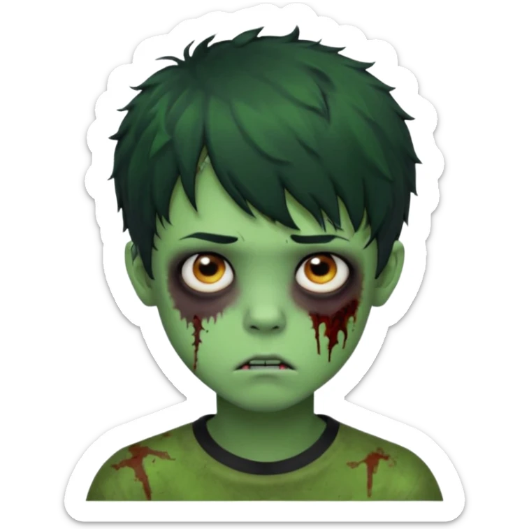 Boy, zombie, green skin, black, short and curly hair with bangs, round shaped hair, emo, ultra dark, bored expression with tired eyes  sticker