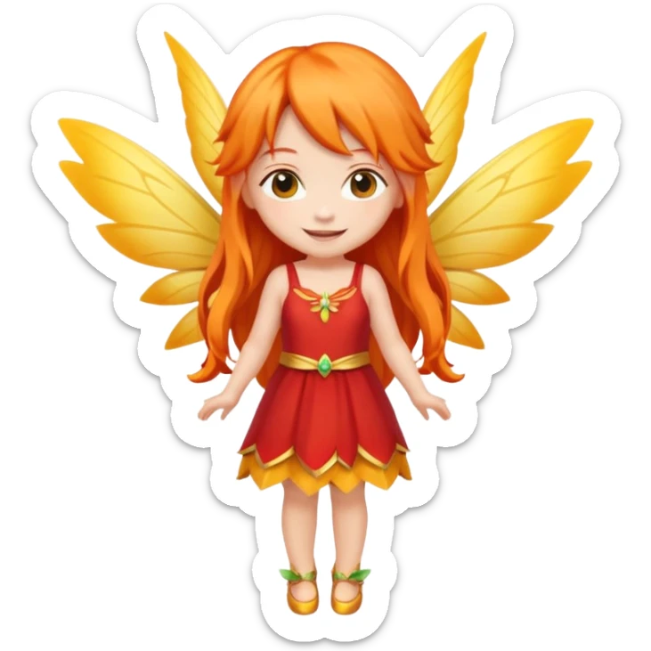 fairy with long orange hair, yellow wings, red dress, happy, chibi full body sticker