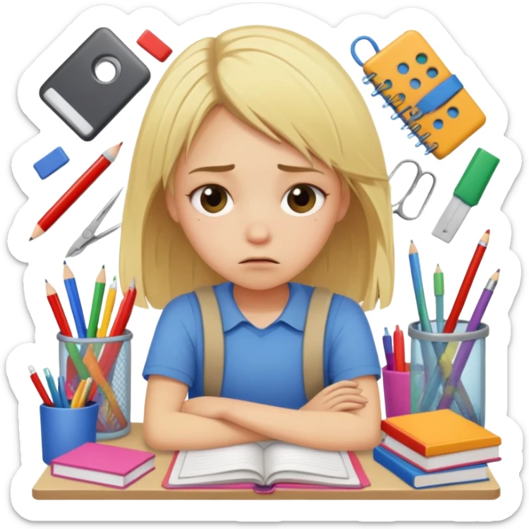 blonde straight-haired girl looking tired and frazzled, surrounded by messy school supplies, survival mode, last month of school sticker