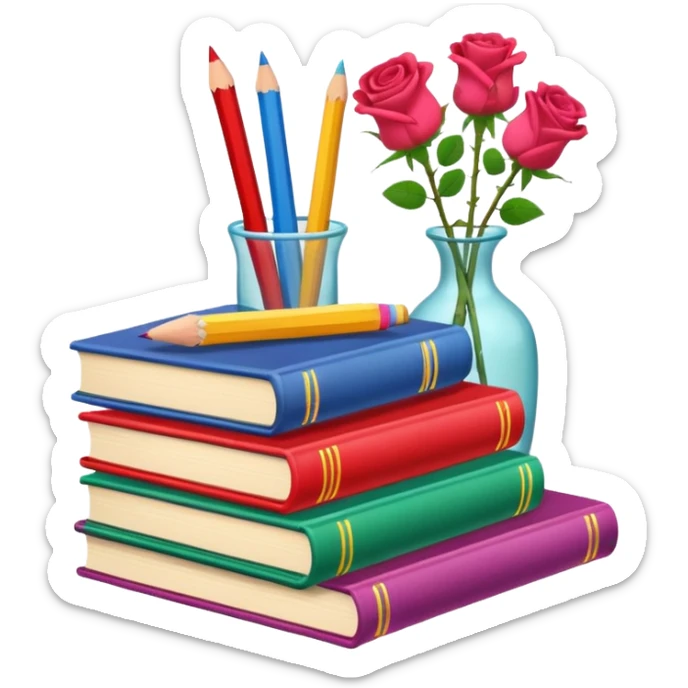 Five colorful books are stacked, along with a pencil holder full of crayons and a vase full of roses. The illustration style is cartoon. sticker