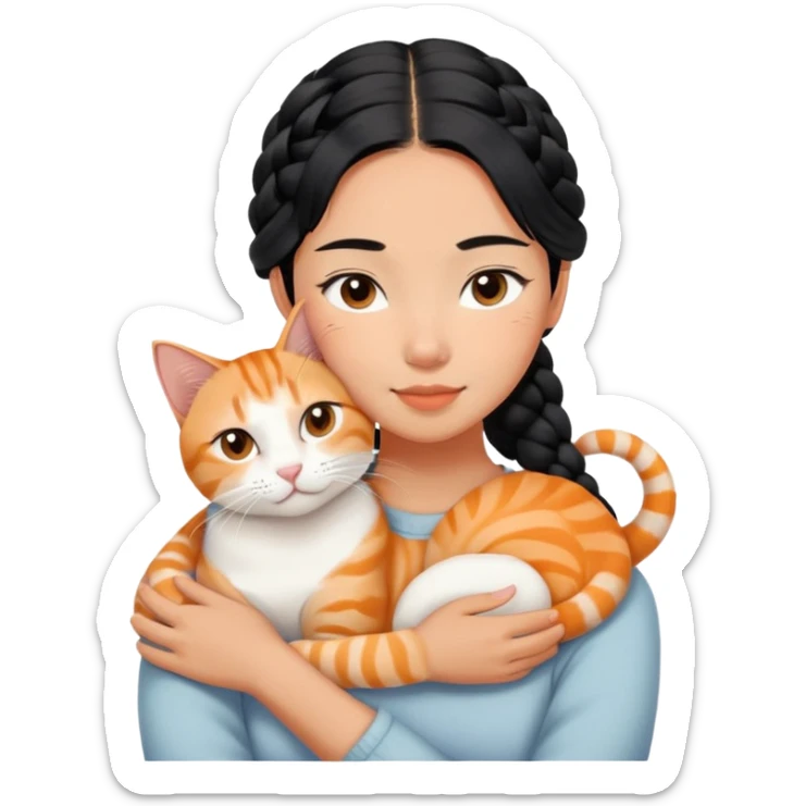 Young Asian woman with braided black hair cuddling a white and orange tabby cat, gentle embrace, affectionate pose sticker