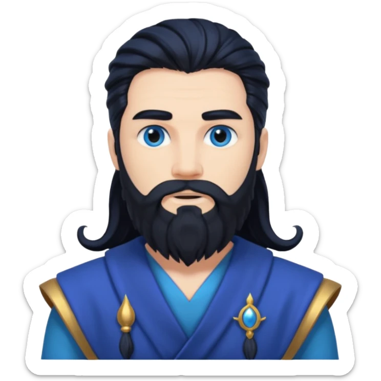 Neptune, Sea God from Rome Mythology with long jet black hair and beard, cobalt blue outfit sticker