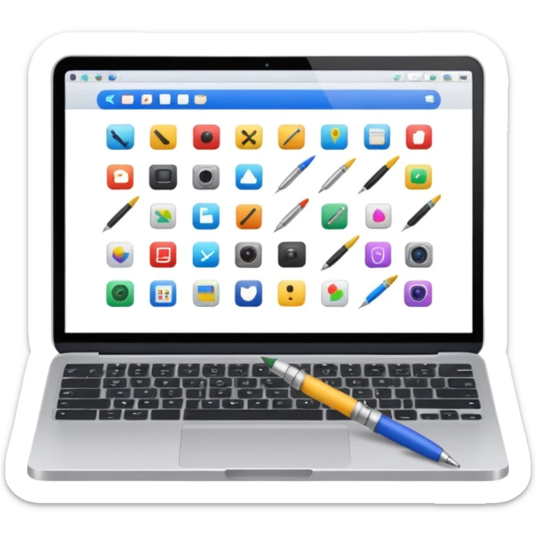 laptop emoji with grid of mini creative icons paintbrush camera pen on screen sticker