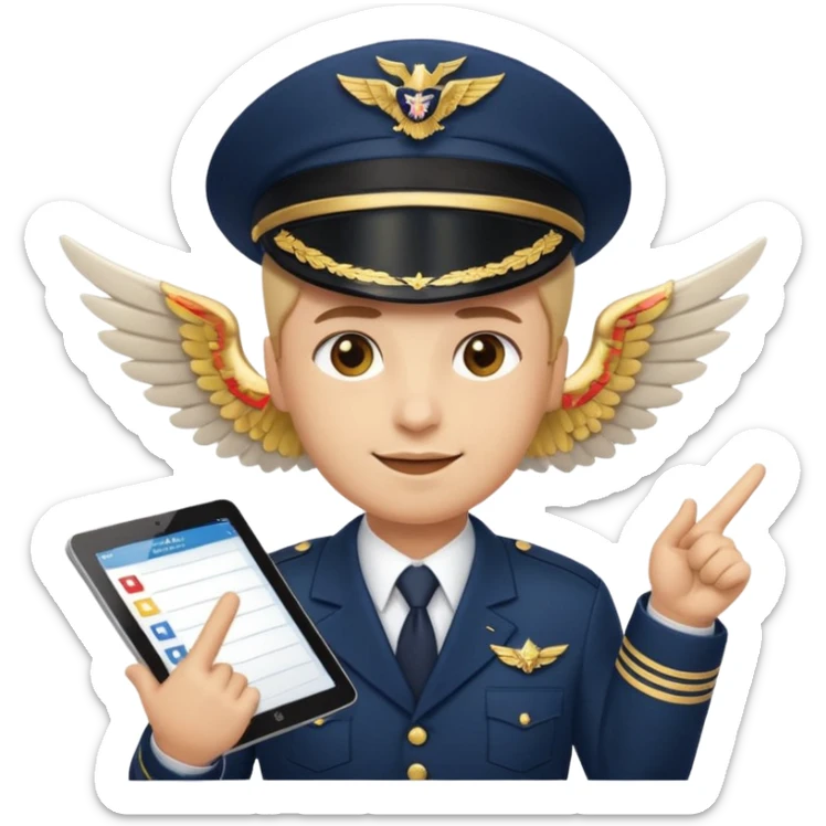 Slack-style emoji of a pilot wearing a navy captain hat with gold wings, pointing at a tablet or checklist with one hand, other hand ready or slightly raised, confident and attentive expression sticker