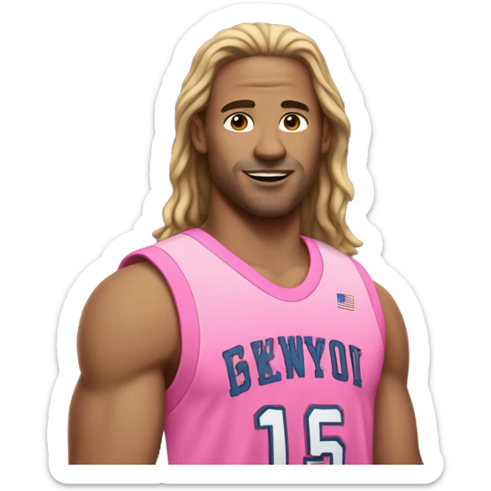An emoji of an American man with white skin, slightly long hair, wearing a pink basketball outfit sticker