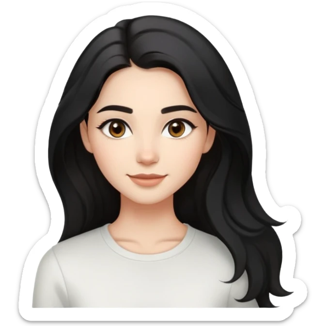 A young woman with long, slightly wavy black hair, hazel eyes, and well-defined eyebrows. She has a natural glow, a subtle smile, and wears minimal makeup. Dressed in a casual black and white outfit, with a softly blurred bright indoor background. sticker