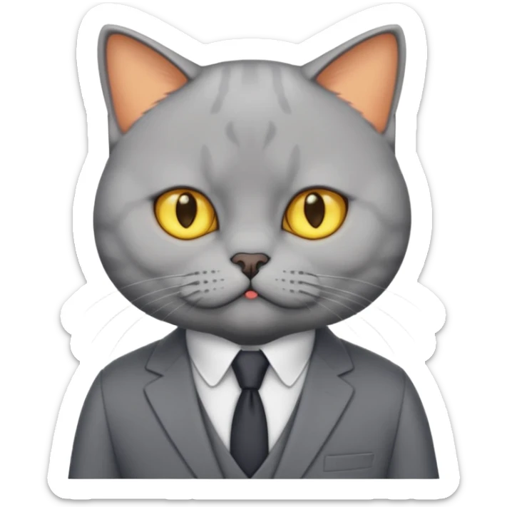 British Shorthair with yellow eyes wears gray suit attends a press conference. sticker