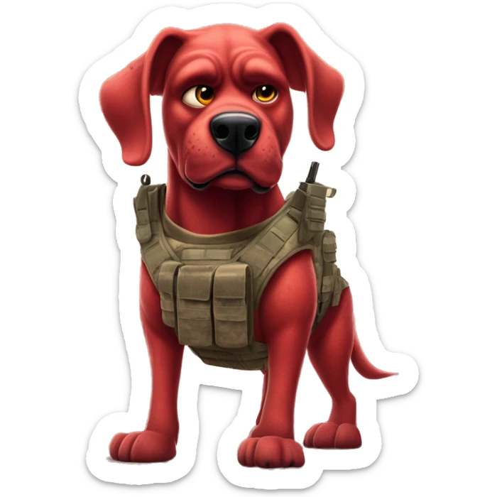 Desert storm humanoid Clifford the big red dog muscled with tattoos on arms book illustration as a military call of duty character standing alone sticker
