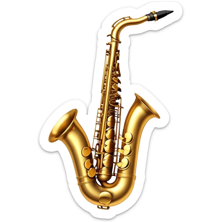 Cinematic Realistic Saxophone, smooth, curving golden brass body, intricate keywork reflecting soft warm light, rich patina adding character, glowing with a jazzy and atmospheric presence. sticker