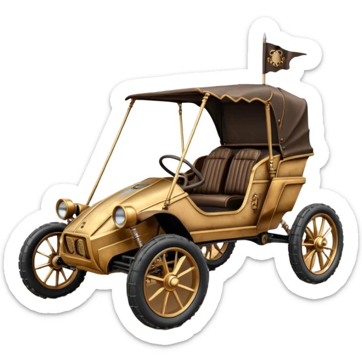 Old American West tarnished C-3PO bounty hunter 1854 delicately ornate rosegold accents painted dune buggy buckboard wagon powered by electric motors and batteries with safety features and belts flying rapidly across rough dusty terrain stable on strong agile futuresteampunk suspension and steering  sticker