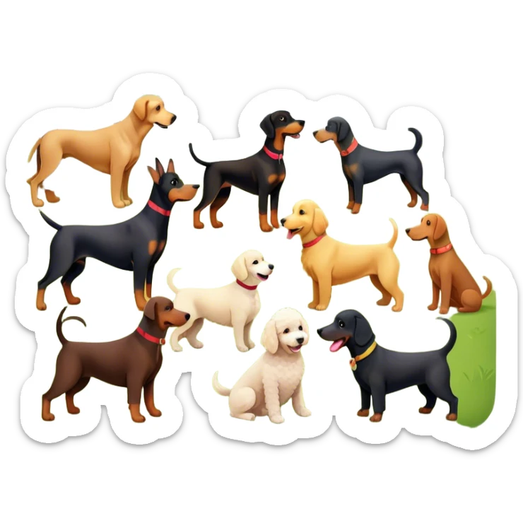 Collage of various dog breeds like Doberman, Poodle, Dachshund, and Golden Retriever, playing in a park with trees and grass. Some dogs run, others sit, all are full of energy and happiness. A joyful, colorful scene with playful expressions. Transparent background. sticker