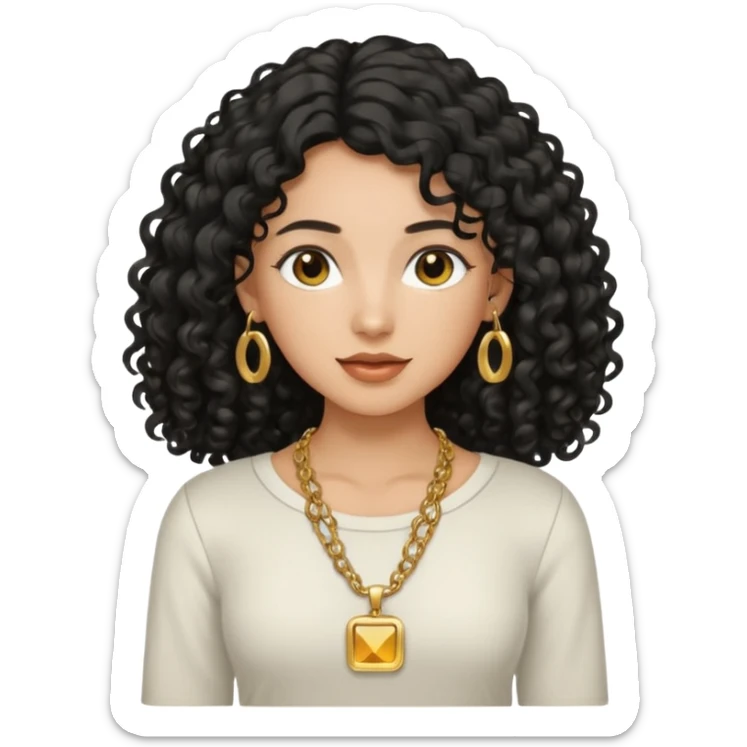 A tan girl with long black  curly hair, a gold necklace, and a square neckline shirt sticker