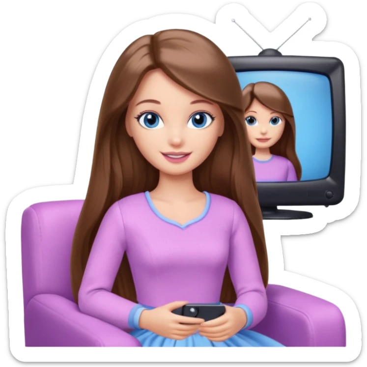 beautiful barbie girl with long brown hair, blue eyes and wearing light purple clothes watching tv sticker