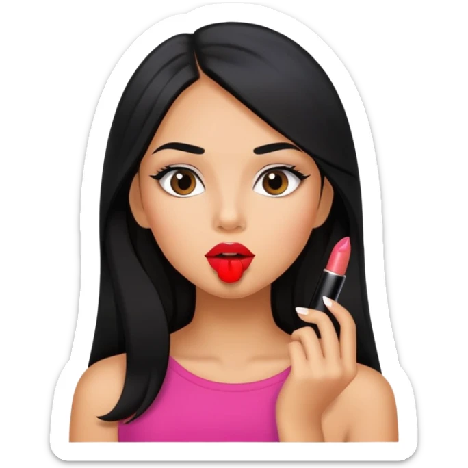 Girly girl young, tanned long black hair, putting on lipstick sticker