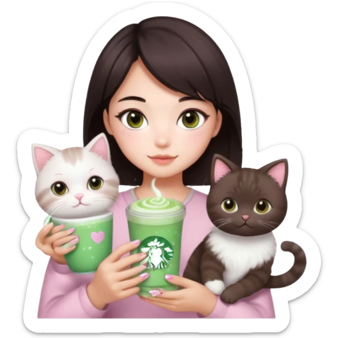 asian girl with short dark brown hair and dark brown eyes with a soft girl pink glowup aesthetic. matcha latte sparkles girly things, 2 ragdoll cat sticker