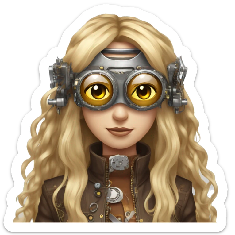 Brown long hair with blonde steaks female cyborg head, fair skin, steampunk goggles and circuits sticker