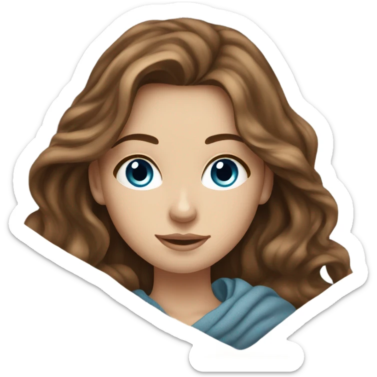 white girl with blue eyes and long wavy brown hair laying down with a blanket sticker