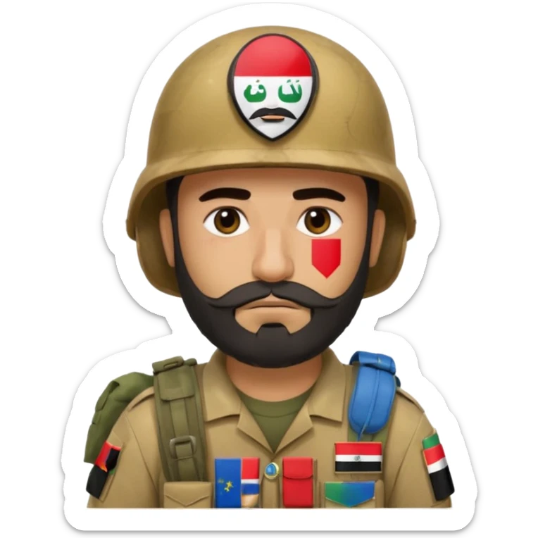 A very tired and sad, swarthy Iraqi soldier with a beard, an Iraqi flag on his helmet, a sad expression and bags under his eyes sticker