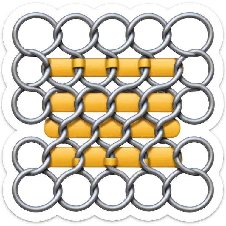 3D render of Chain Link Fence, made of interlocking chainmail metal rings, wire mesh texture, visible holes and negative space, metallic silver and grey, high contrast shadows, emoji style, isolated on white background --v 6.0. sticker