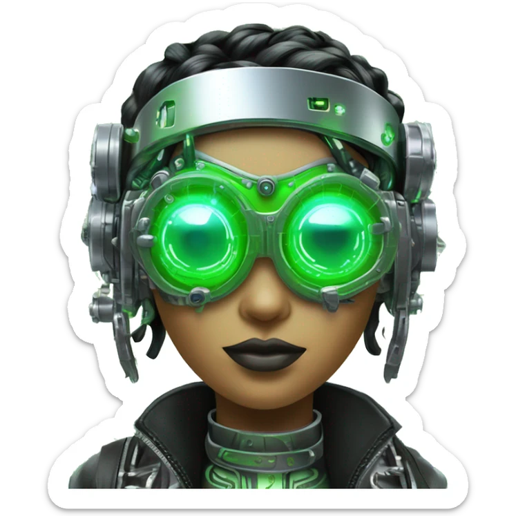 Neon green bobbed hair Latina female cyborg head with silver steampunk goggles and circuits sticker