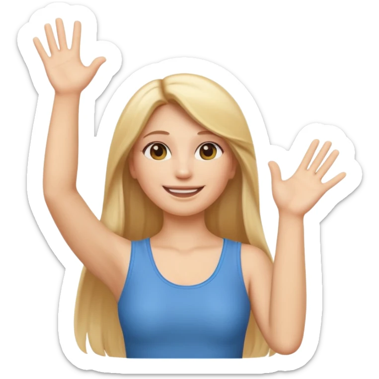 I want a white female animated gif emoji with long straight blonde hair putting hands up in the air. Wearing a tight no sleeve top  sticker